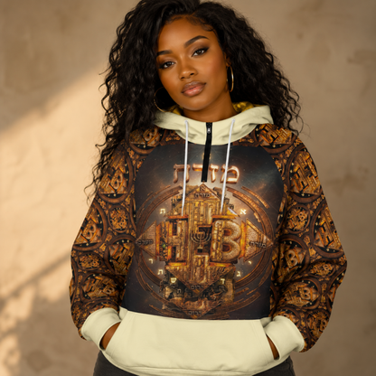 A woman wearing the Hebrew World Four Corners of the Faith women's half-zip raglan hoodie, front view.