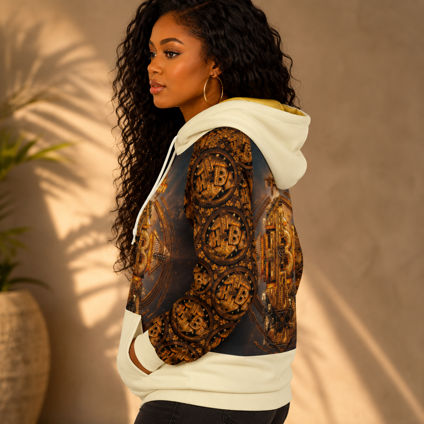 Left side profile view of a woman wearing the Hebrew World Four Corners women's half-zip raglan hoodie.