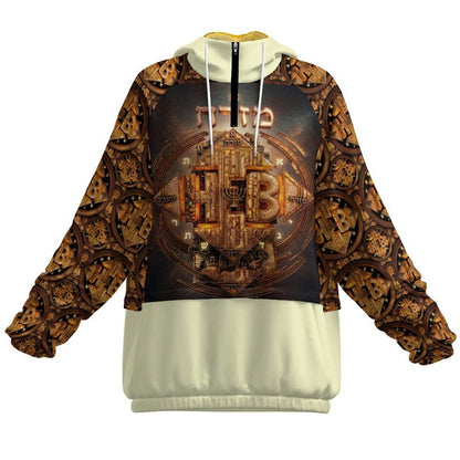 Front product display of the Hebrew World Four Corners of the Faith women's half-zip raglan hoodie.