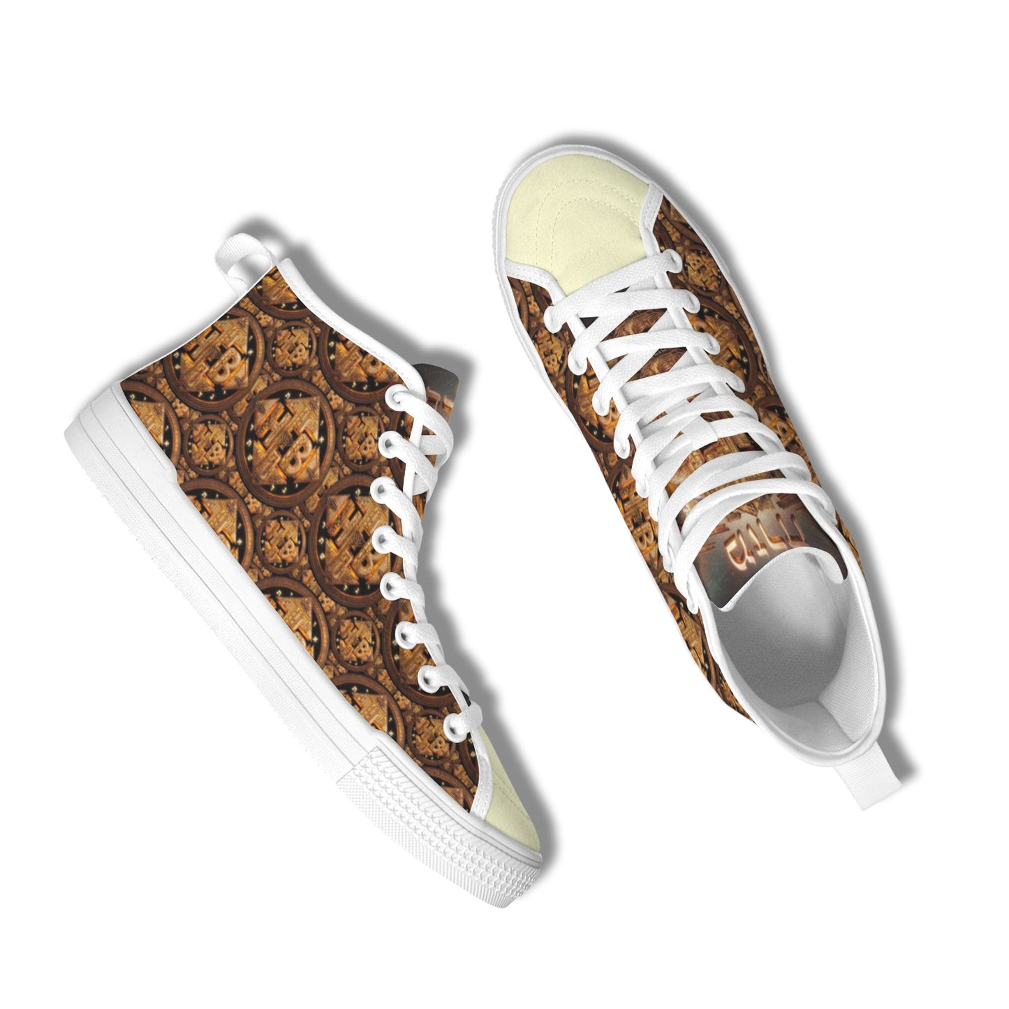 Direct top-down view of the Hebrew World Four Corners high-top canvas shoes showing the laces and cream toe caps.