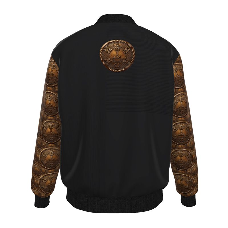 Studio product shot of the I AM HEBREW denim bomber jacket back, showcasing the intricate bronze medallion print on the sleeves and the central back crest.