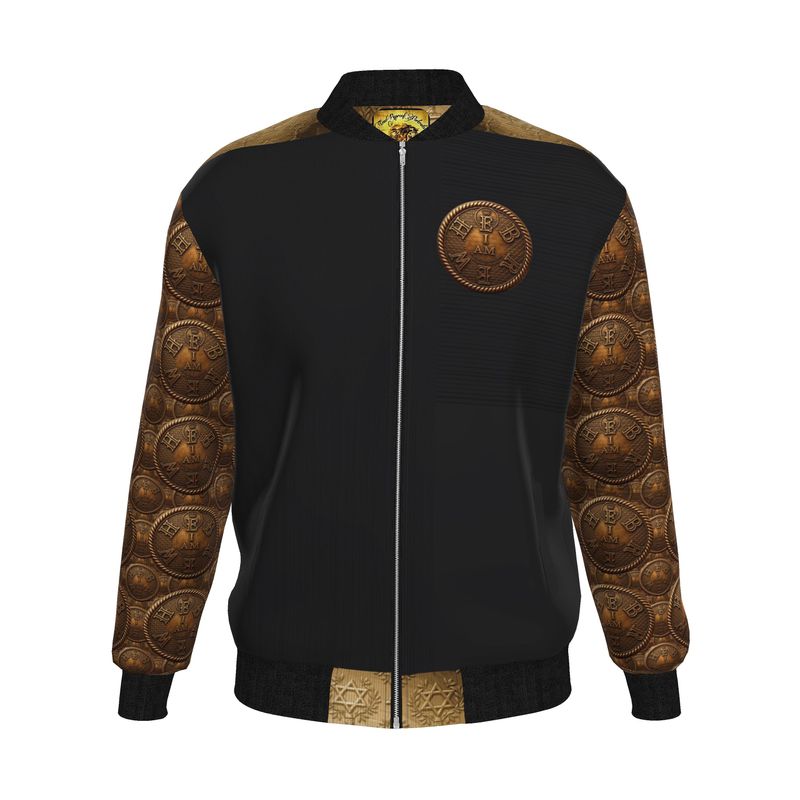 Studio product shot of the I AM HEBREW denim bomber jacket front, highlighting the gold-toned "I AM" chest seal and Star of David detail on the waistband.