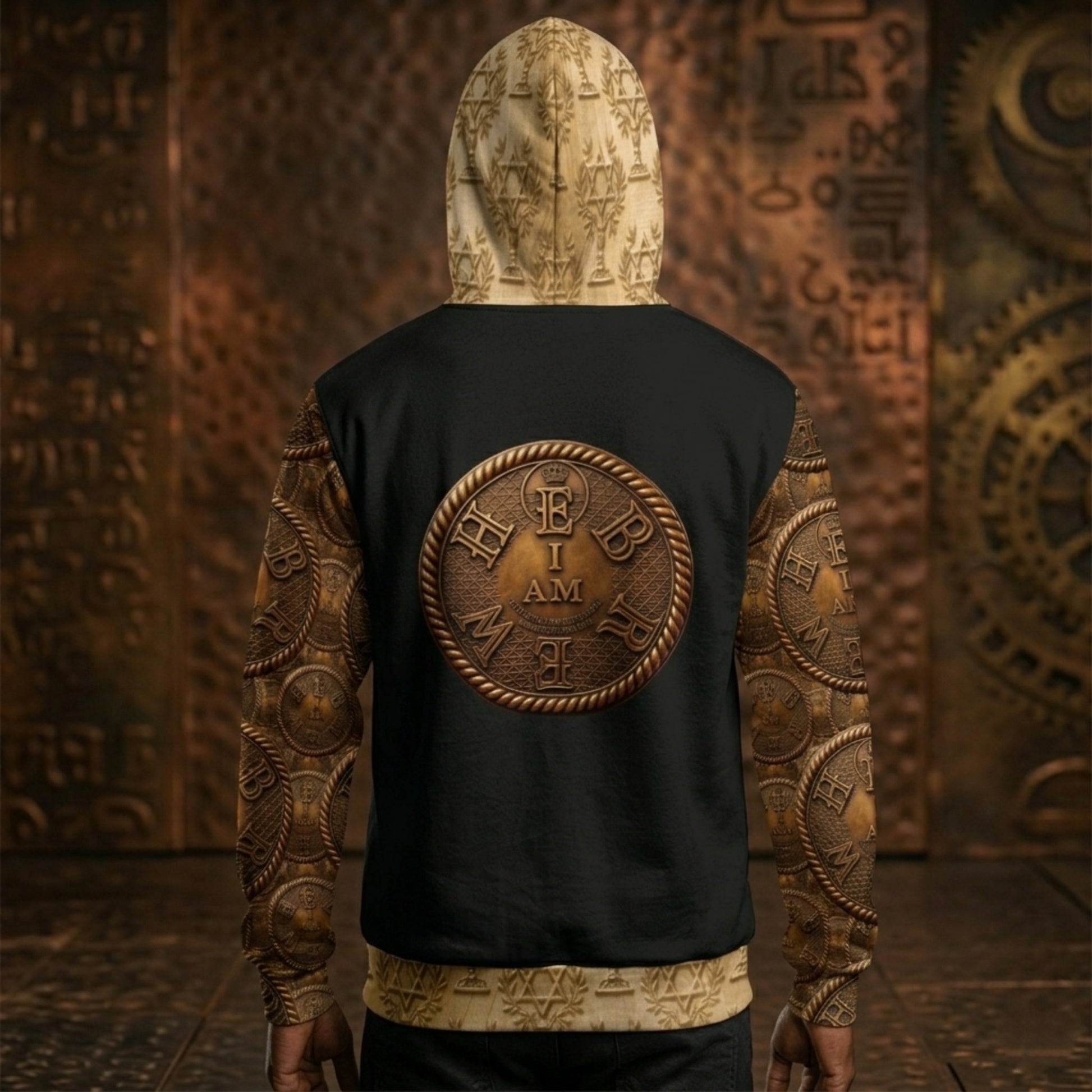 Rear view of a man showing the full "I AM HEBREW" emblem on the back of the black and gold hoodie and the patterned hood and hem.