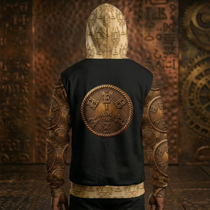 Rear view of a man showing the full "I AM HEBREW" emblem on the back of the black and gold hoodie and the patterned hood and hem.