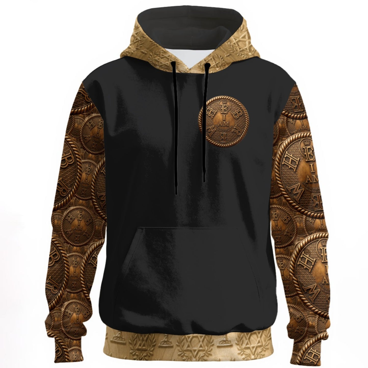 A detailed 3D product mockup showcasing the front features and gold motifs of the "I AM HEBREW" (02-01) unisex cotton hoodie against a clean white background.