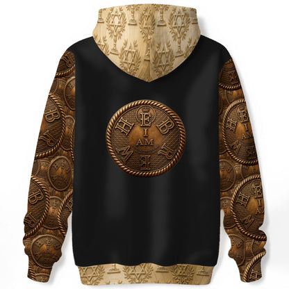 A clean product mockup displaying the back of the "I AM HEBREW" unisex cotton hoodie, highlighting the large central gold Hebrew emblem and patterned hood.