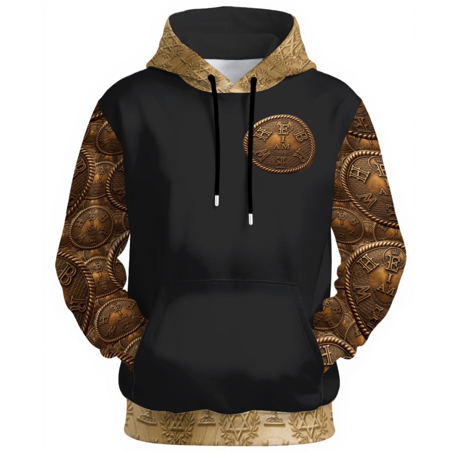 A high-quality flat-lay product shot showing the front of the "I AM HEBREW" unisex cotton hoodie, displaying all gold patterns and the central emblem on a white background.