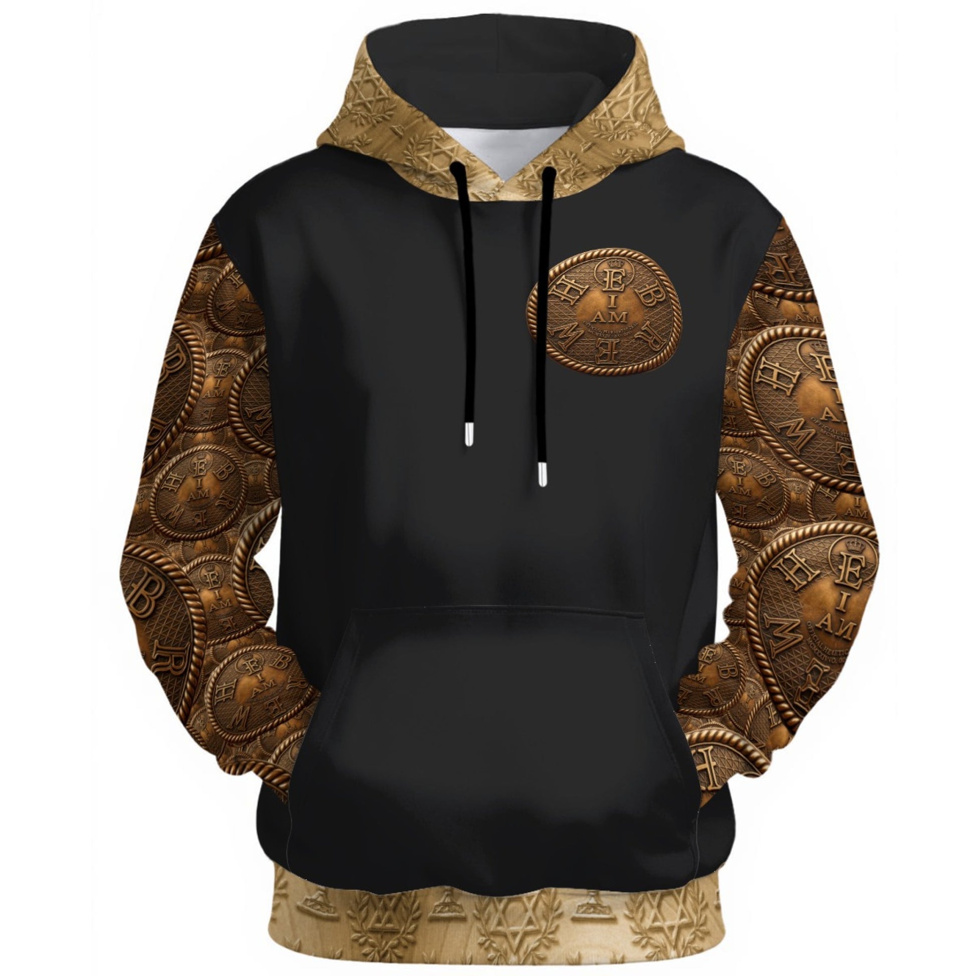 A high-quality flat-lay product shot showing the front of the "I AM HEBREW" unisex cotton hoodie, displaying all gold patterns and the central emblem on a white background.
