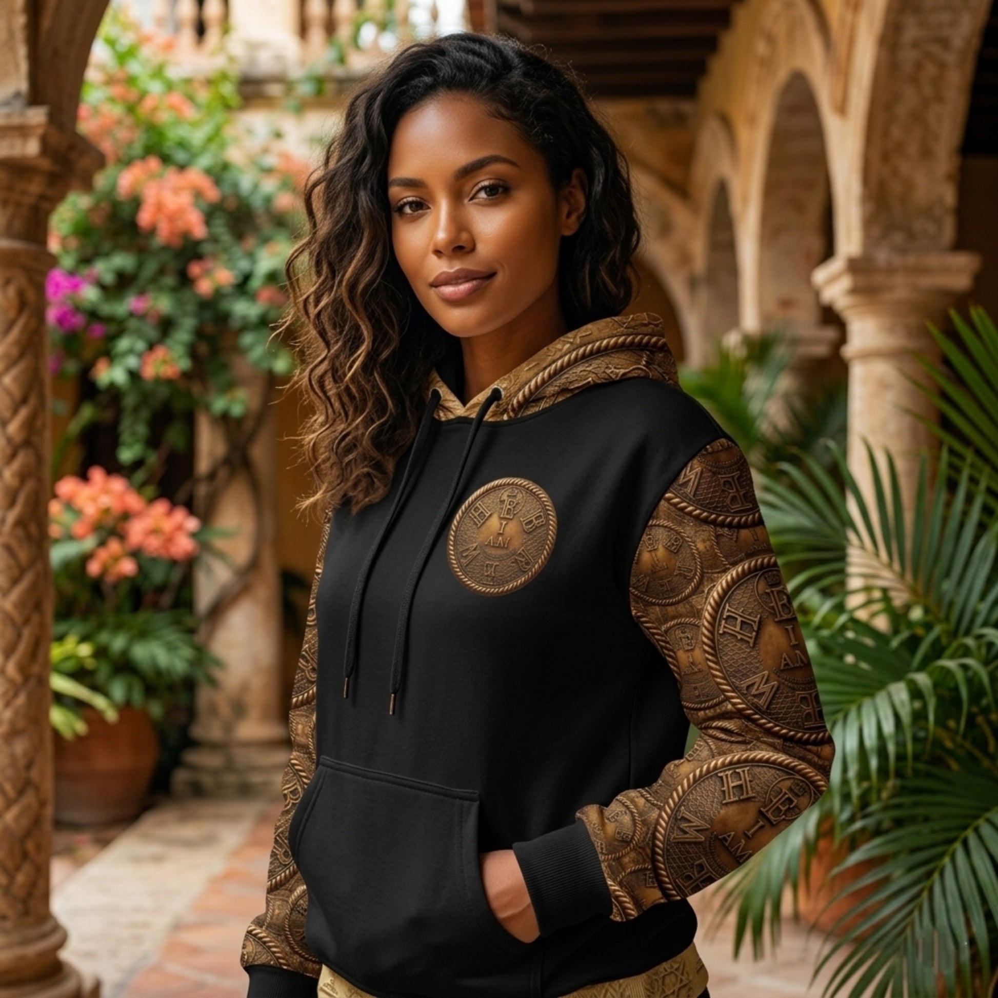 A side-angle close-up of a woman in an arched courtyard, wearing the "I AM HEBREW" unisex hoodie, highlighting the gold sleeve pattern and emblem.