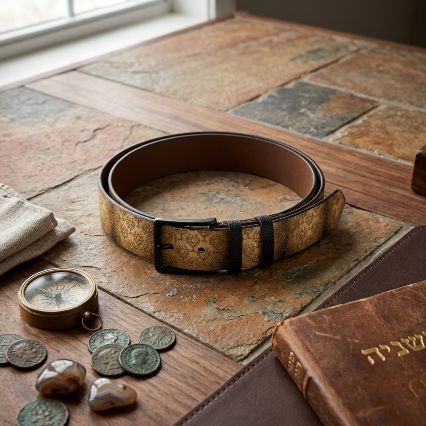 Antique gold leather belt on a stone table with a compass, ancient coins, and a Hebrew-inscribed book, evoking a sense of historical archival discovery.