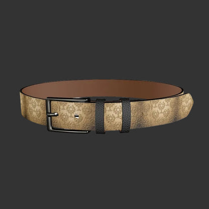 A full isolated view of the I AM HEBREW leather belt, featuring a repeating embossed Star-of-David-Tree seal on gold leather with matte black hardware.