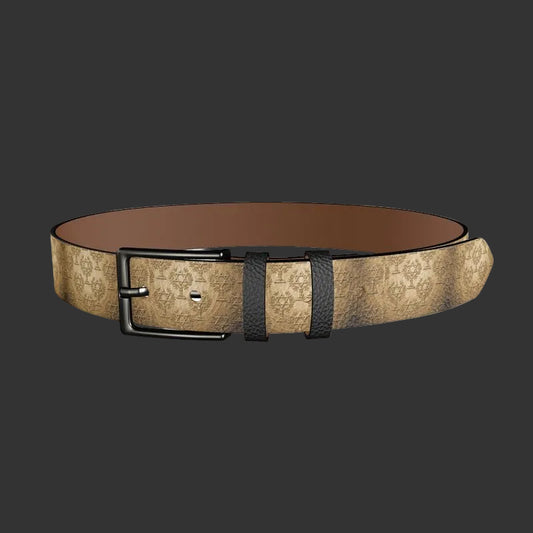 A full isolated view of the I AM HEBREW leather belt, featuring a repeating embossed Star-of-David-Tree seal on gold leather with matte black hardware.