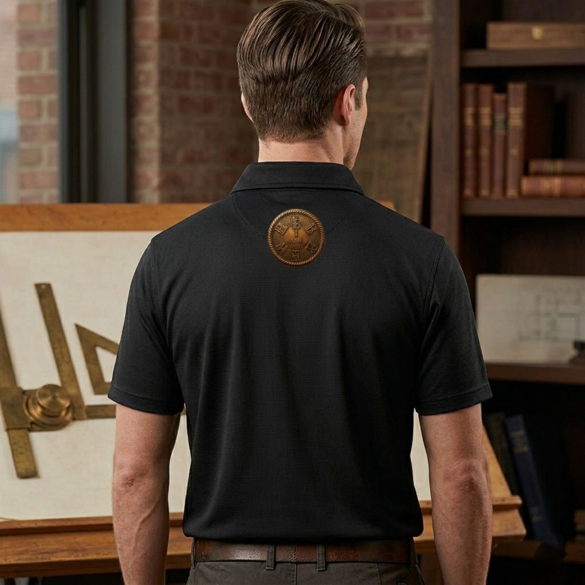 Back view of a man modeling the adult black "I AM HEBREW" Force Sun Defender polo shirt, revealing the circular bronze logo positioned below the collar.