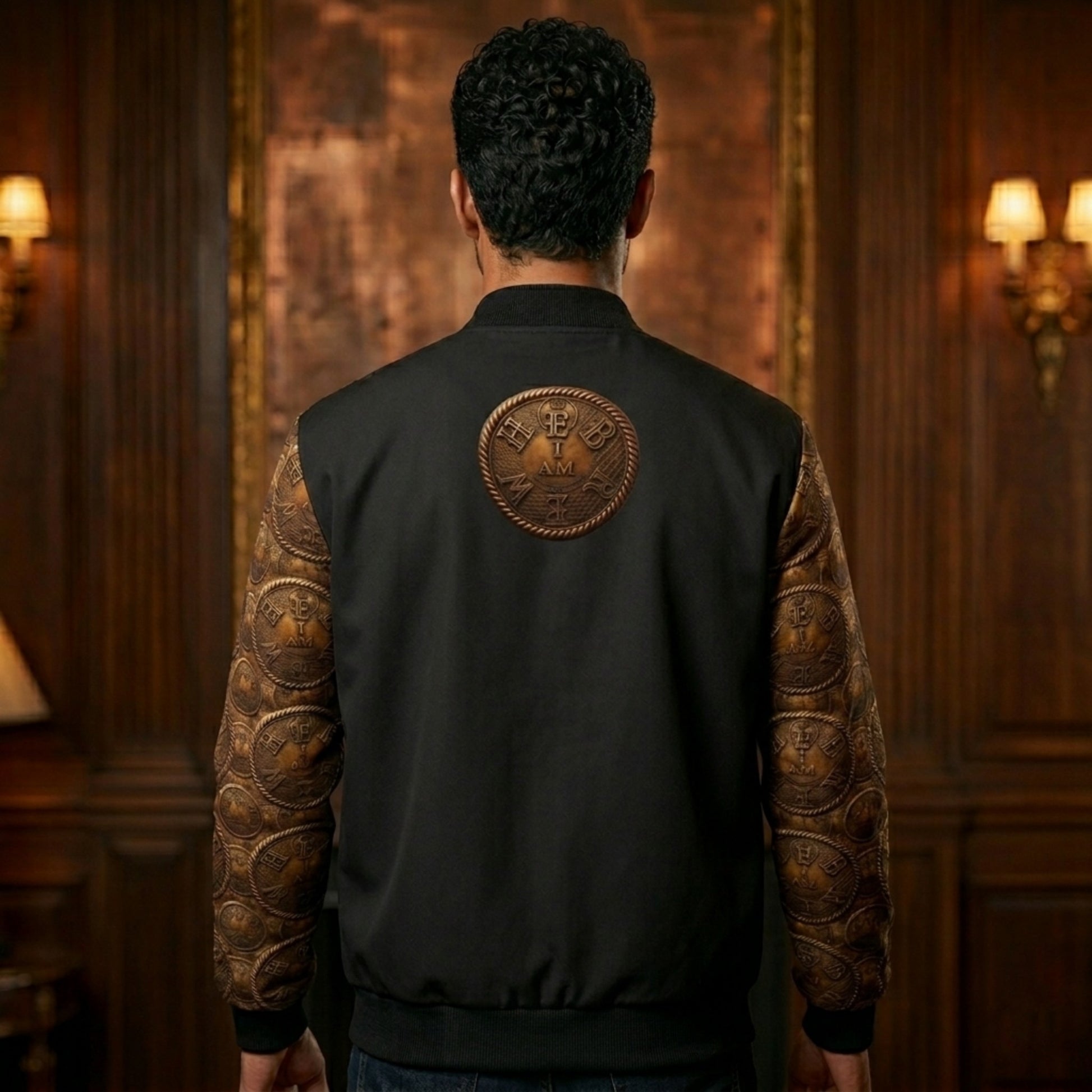 Rear view of the I AM HEBREW denim bomber jacket showing the large circular "I AM" bronze-toned emblem centered on the back and patterned sleeves.