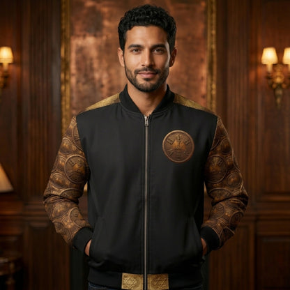 Front view of a man wearing the I AM HEBREW denim bomber jacket featuring black fabric, gold medallion-patterned sleeves, and a chest emblem.