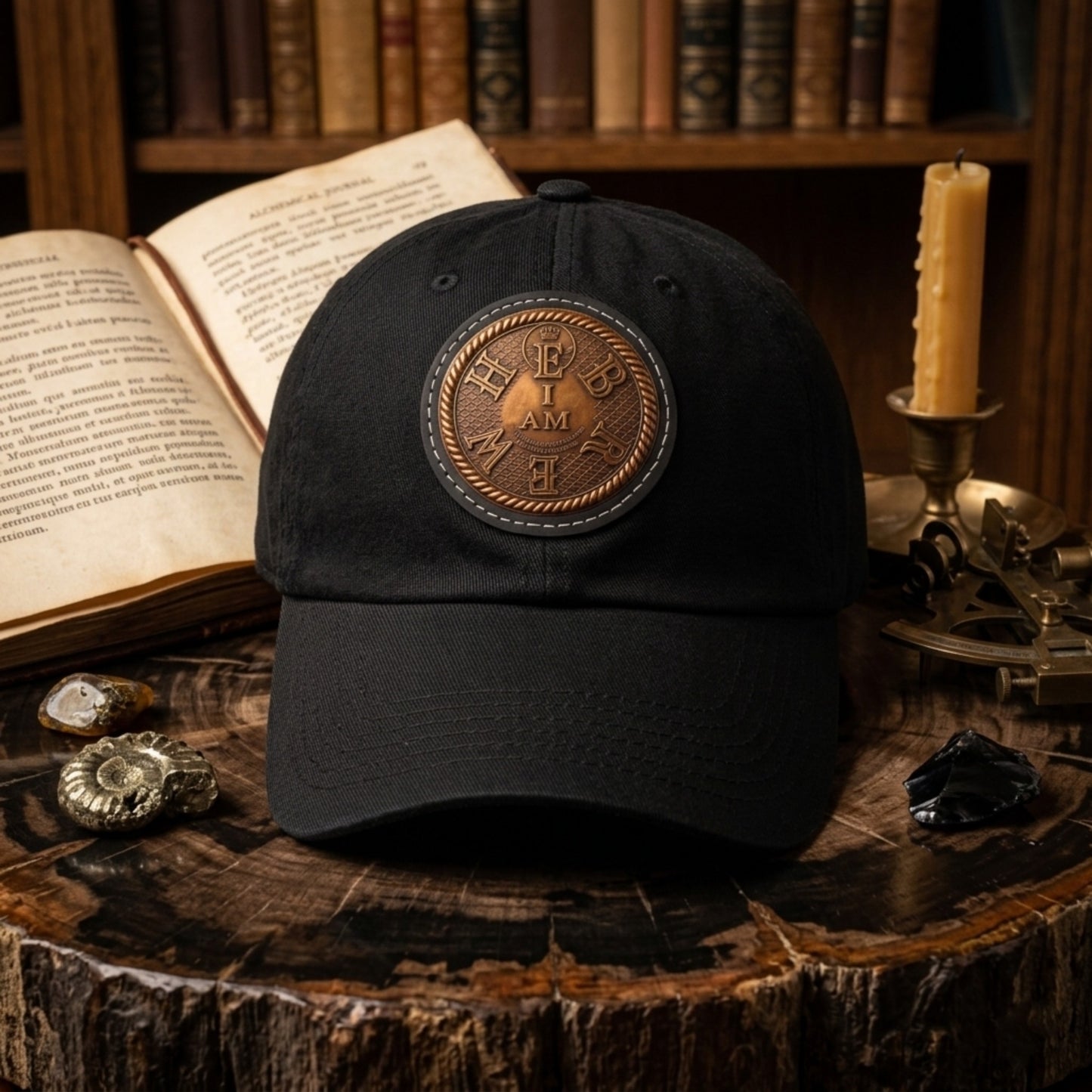 The black 'I AM HEBREW' dad hat, with its engraved leather patch, resting on a petrified wood slice next to an open book and candlelight in a study setting.