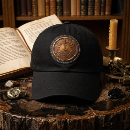 The black 'I AM HEBREW' dad hat, with its engraved leather patch, resting on a petrified wood slice next to an open book and candlelight in a study setting.