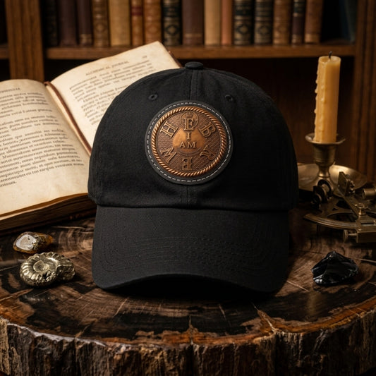 The black 'I AM HEBREW' dad hat, with its engraved leather patch, resting on a petrified wood slice next to an open book and candlelight in a study setting.