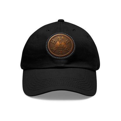 A direct front view of the black dad hat from the 'I AM HEBREW' collection, centered on a white background, featuring the detailed leather patch.