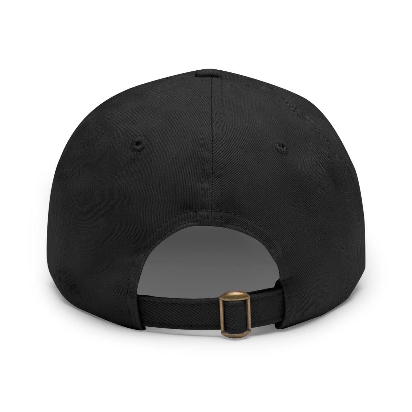 A back view of the black dad hat, isolated on white, showcasing the matching black fabric strap with an adjustable brass buckle.