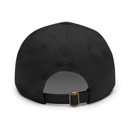 A back view of the black dad hat, isolated on white, showcasing the matching black fabric strap with an adjustable brass buckle.