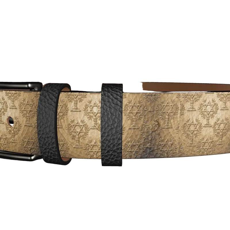 Macro detail of the gold leather belt showing the deep-grain embossing of the Stewardship Seal, featuring a central hexagram and botanical wreath.