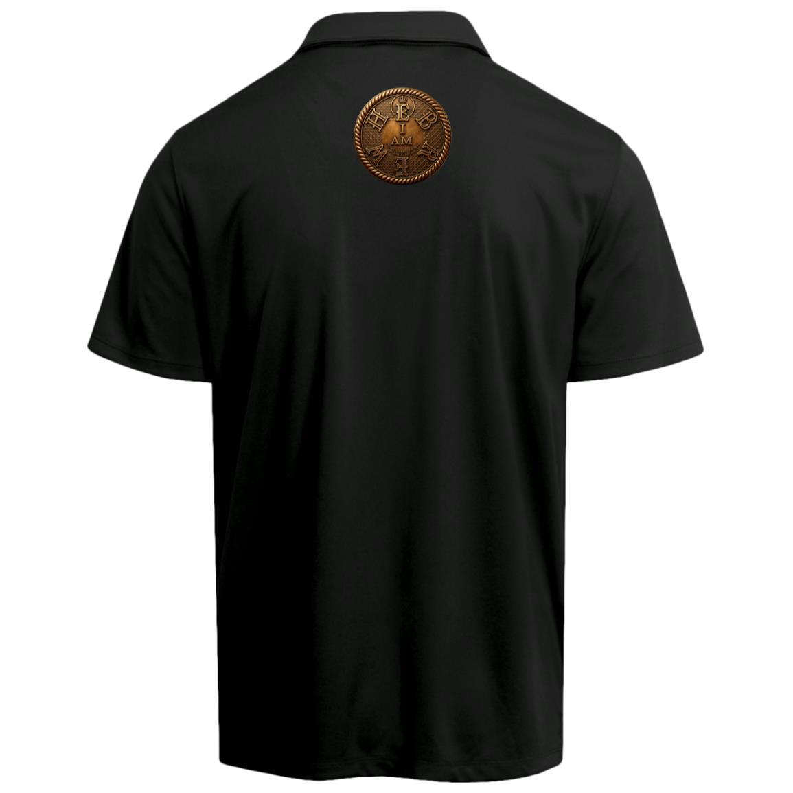Studio shot of the back of the black adult "I AM HEBREW" Force Sun Defender polo shirt laid flat against a white background, showing the bronze circular logo.