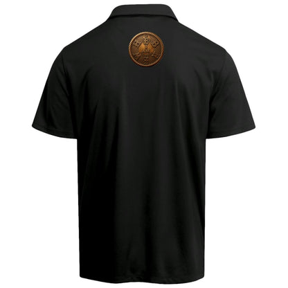 Studio shot of the back of the black adult "I AM HEBREW" Force Sun Defender polo shirt laid flat against a white background, showing the bronze circular logo.