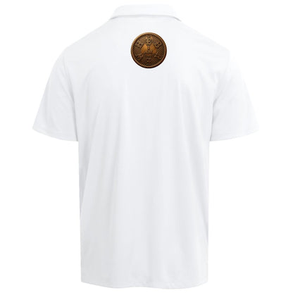 Studio shot of the back of the white adult "I AM HEBREW" Force Sun Defender polo shirt laid flat against a white background, showing the bronze circular logo.