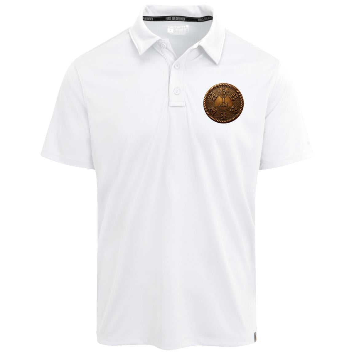 Studio shot of the front of the white adult "I AM HEBREW" Force Sun Defender polo shirt laid flat against a white background, featuring the bronze circular logo.