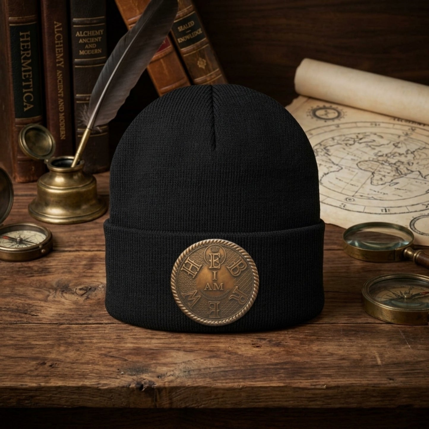 Product photo of the black I AM HEBREW knit beanie with a leather patch, sitting on a wooden desk with antique books, compass, and map.