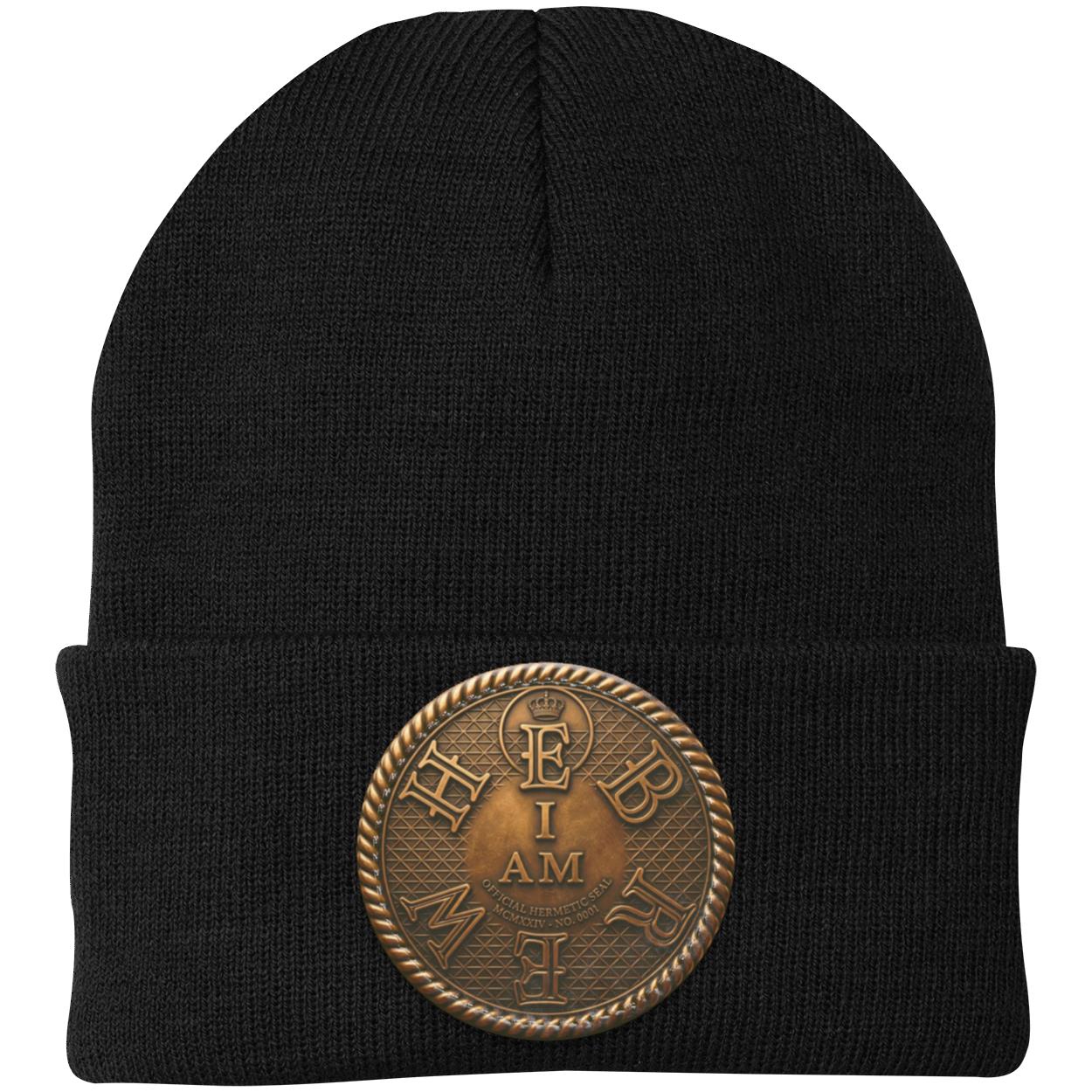 Product photo of the black I AM HEBREW knit beanie against a white background, highlighting the central leather patch with the "I AM HEBREW" design.