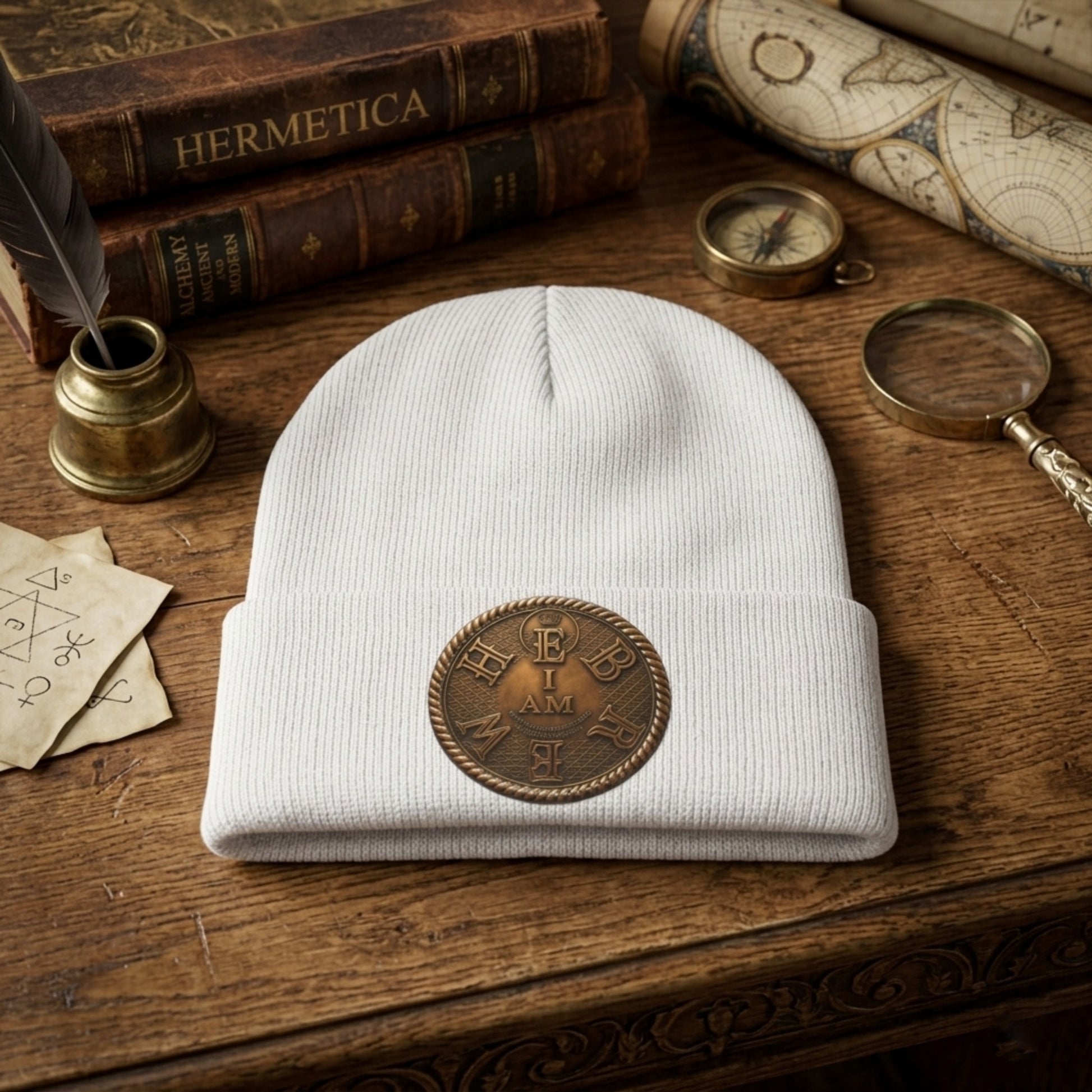 Product photo of the white I AM HEBREW knit beanie with a leather patch, sitting on a wooden desk with antique books, compass, and map.