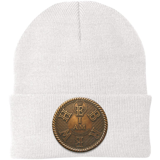 Product photo of the white I AM HEBREW knit beanie against a white background, highlighting the central leather patch with the "I AM HEBREW" design.