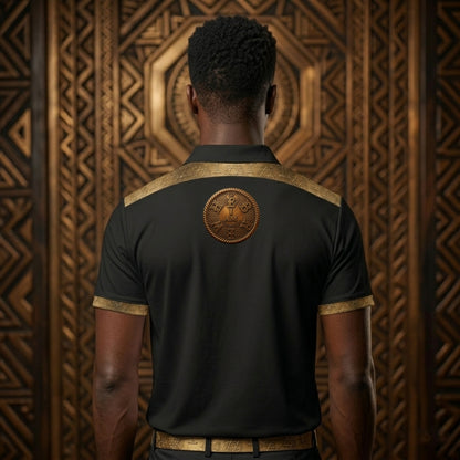 A Black man is shown from the back, wearing a black polo shirt with a gold-patterned yoke, a bronze medallion logo in the center back, and gold cuffs. The background is a bronze geometric pattern.