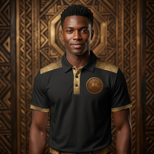 A Black man stands facing forward, wearing a black polo shirt with gold-patterned shoulder panels, a bronze medallion logo on the chest, and a gold placket. The background is a bronze geometric pattern.