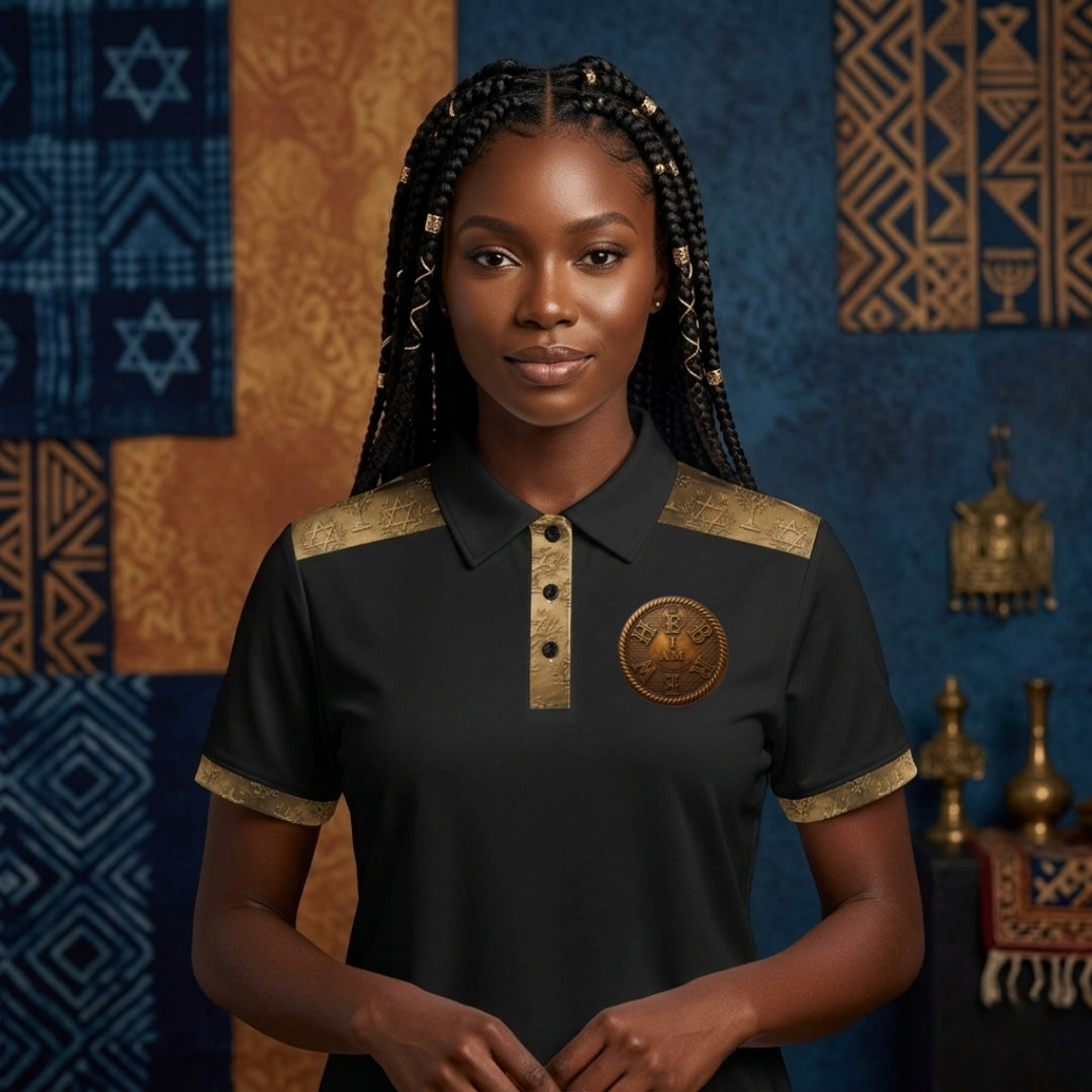 A Black woman with braids and gold jewelry is wearing a black polo shirt with gold-patterned shoulder panels, a bronze medallion logo on the chest, and a gold placket. The background features various blue, brown, and gold patterns.
