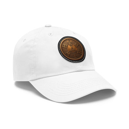 A high-angle, side-front view of the white 'I AM HEBREW' dad hat, showcasing its shape, the bill, and the leather patch against a white background.