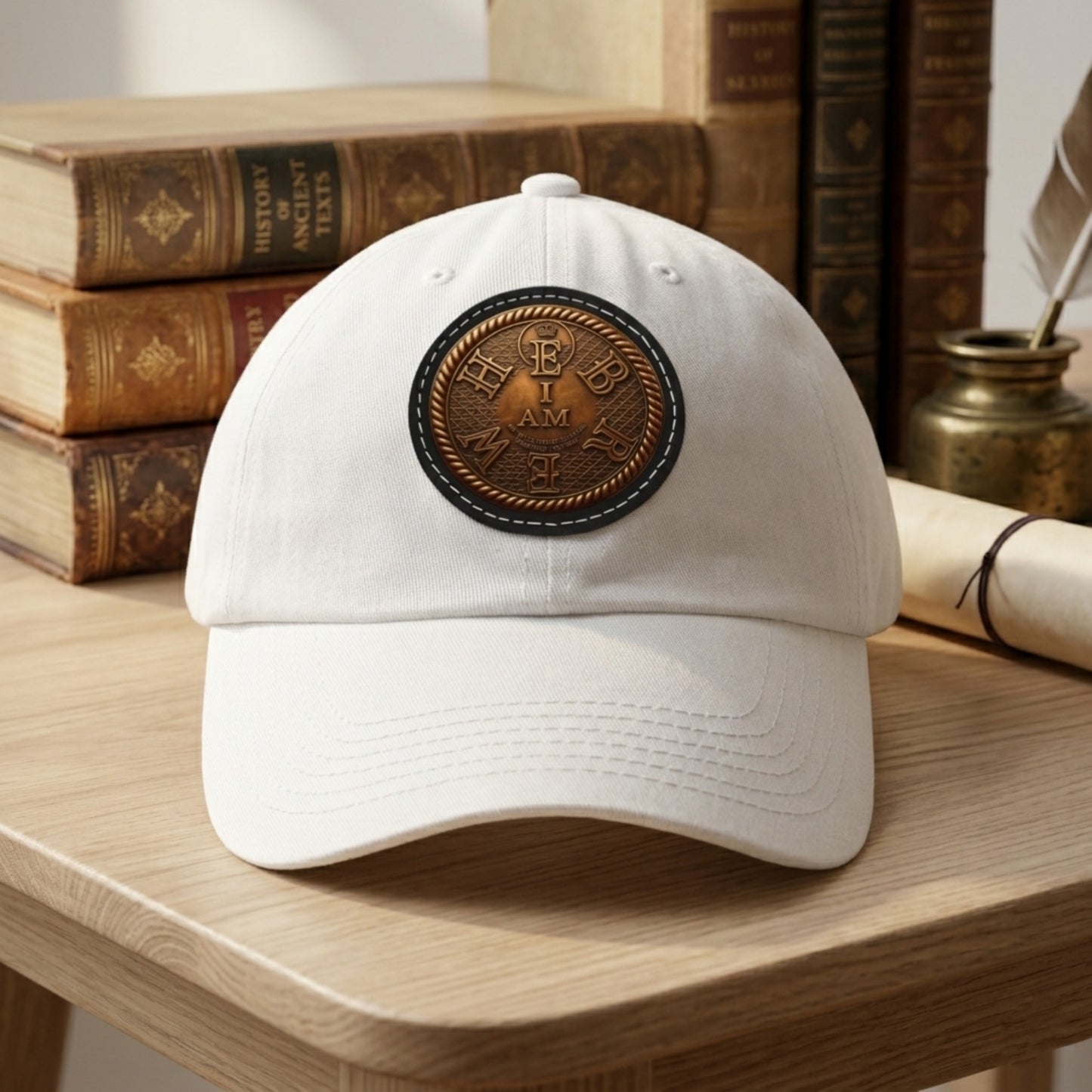A close-up photograph of the white 'I AM HEBREW' dad hat with its circular engraved leather patch, resting on a light wooden table next to a stack of old books.