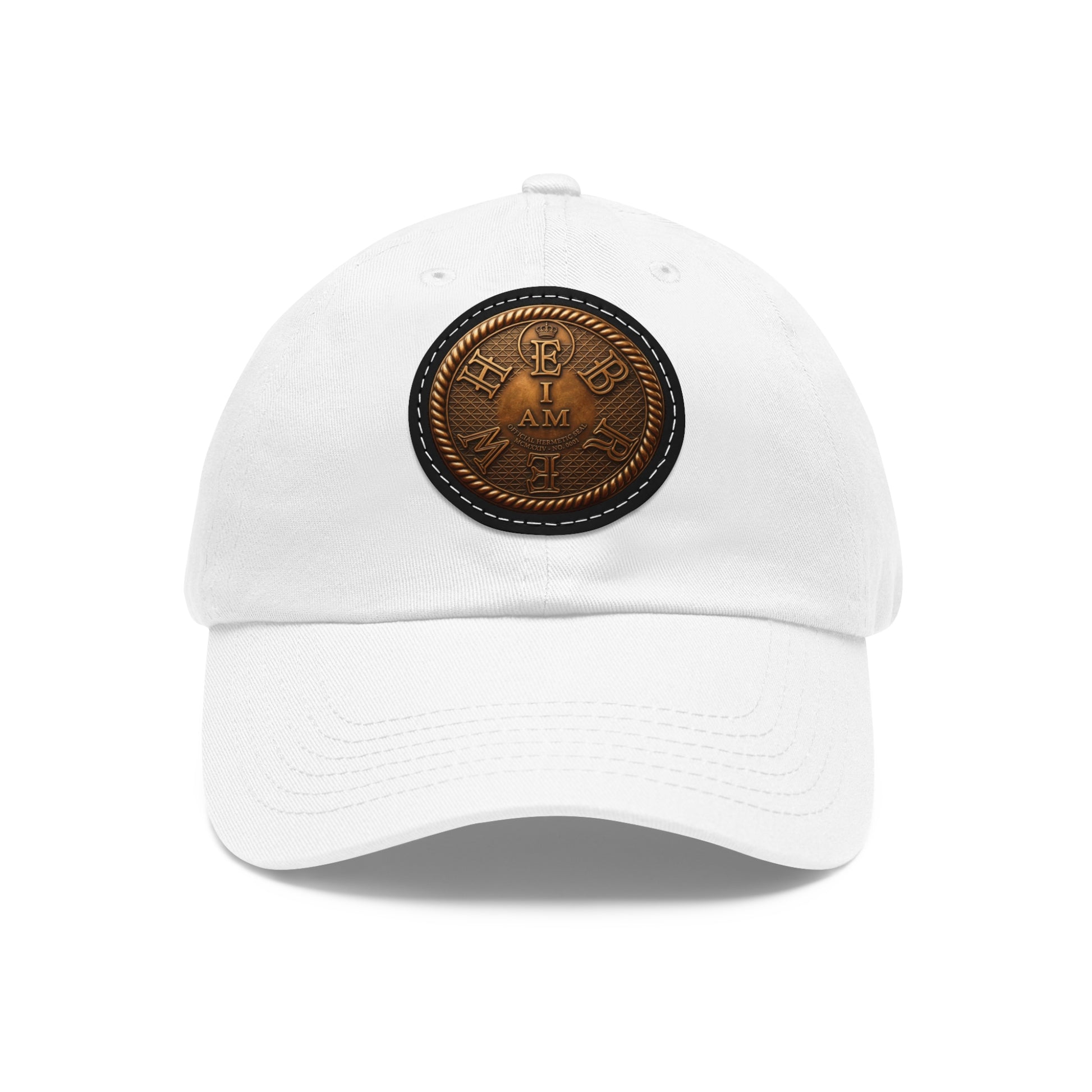 A straight-on front view of the white dad hat from the 'I AM HEBREW' collection, centered on a white background, highlighting the engraved leather patch.