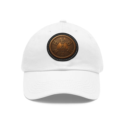 A straight-on front view of the white dad hat from the 'I AM HEBREW' collection, centered on a white background, highlighting the engraved leather patch.