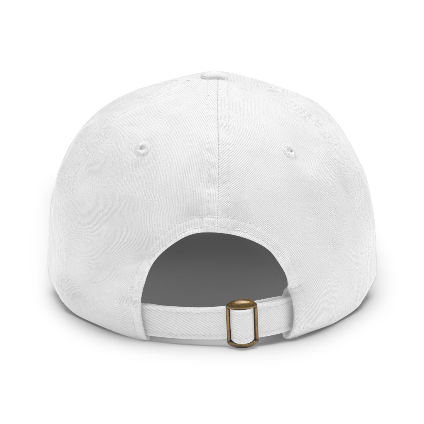 A rear view of the plain white dad hat from the collection, showing the back opening and the adjustable fabric strap with a brass buckle on a white background.