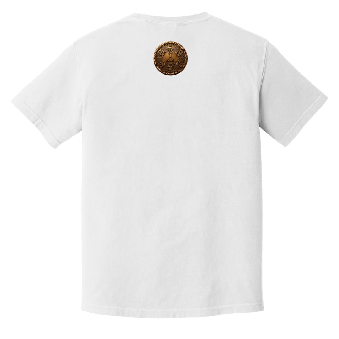 Back view of an ivory heavyweight t-shirt with a small, central "I AM" bronze emblem placed below the rear collar.