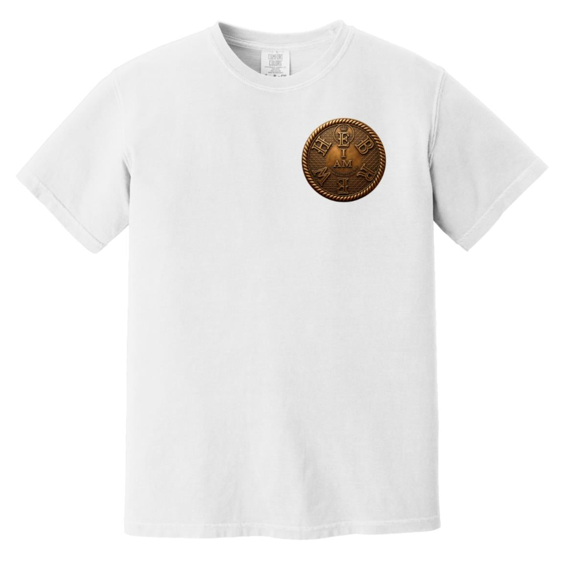 Front view of an ivory heavyweight t-shirt featuring a circular bronze "I AM" emblem with a rope border and small text, centered on the left chest.