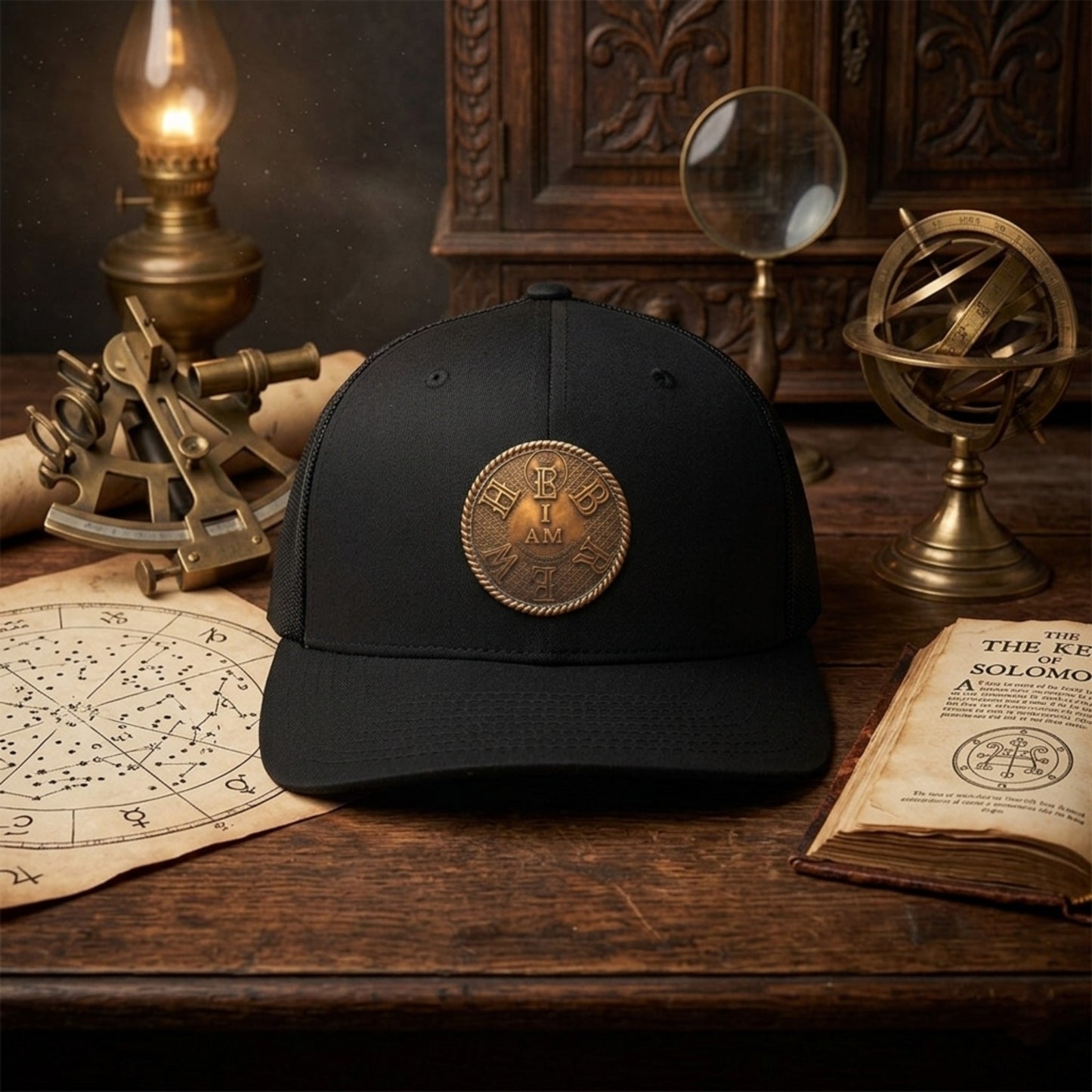 A flat-lay photograph of a TRP I AM HEBREW trucker hat surrounded by antique books, a magnifying glass, an armillary sphere, and other esoteric navigational tools on a wooden desk.