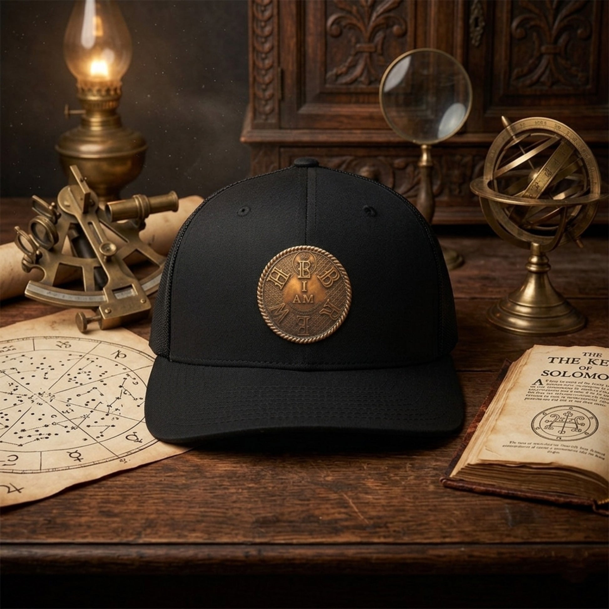 A flat-lay photograph of a TRP I AM HEBREW trucker hat surrounded by antique books, a magnifying glass, an armillary sphere, and other esoteric navigational tools on a wooden desk.