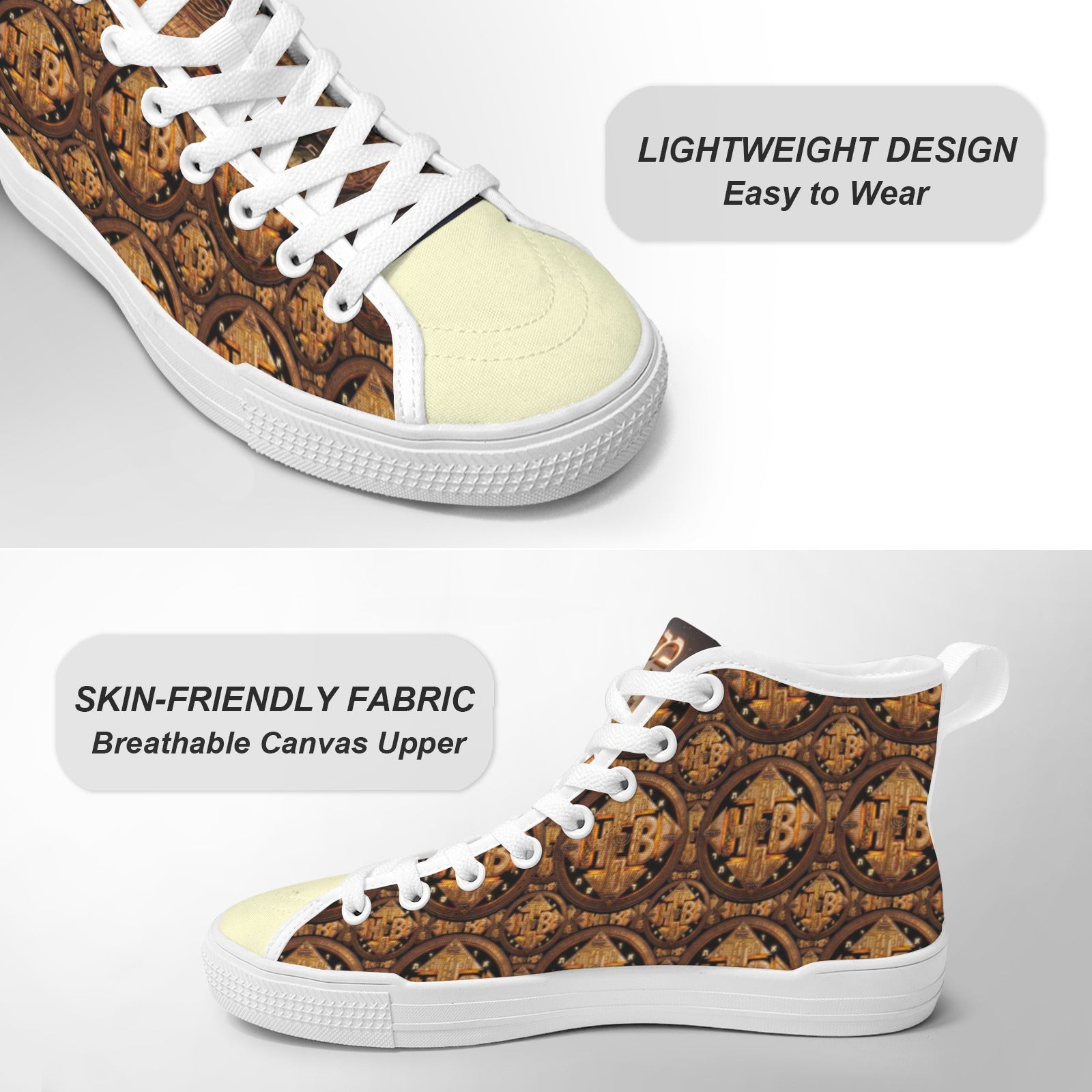 Product feature graphic highlighting the lightweight design and skin-friendly breathable canvas upper of the shoe.