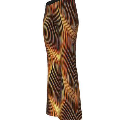 Three-quarter studio view from the left side of the Esh Tamid flare pants, emphasizing the flare shape and graphic dimensions.