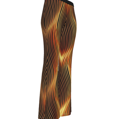 Three-quarter studio view from the right side of the Esh Tamid flare pants, showing the vibrant yellow and orange glowing gradients.