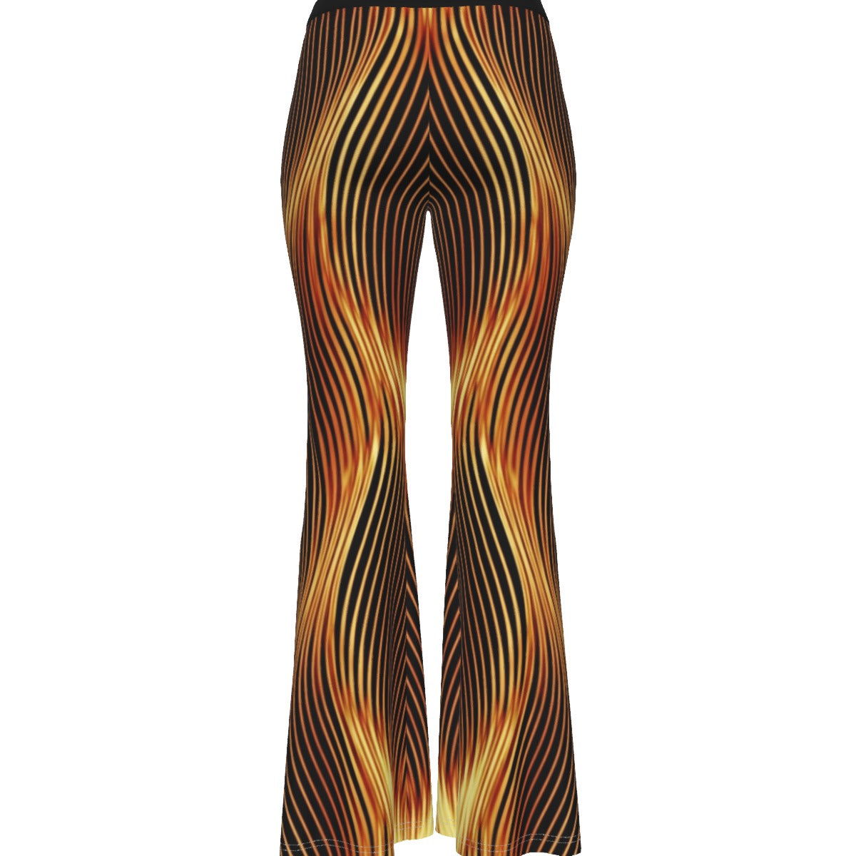 Studio product shot of the back of the Esh Tamid skinny flare pants, displaying the symmetrical vertical flame lines.